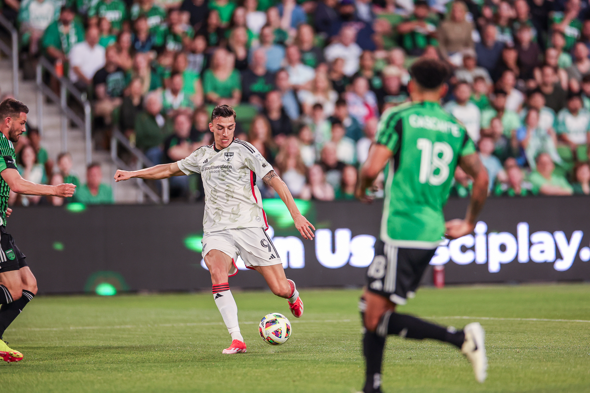 FC Dallas forward Petar Musa takes a shot against Austin FC. (Photo via FC Dallas)