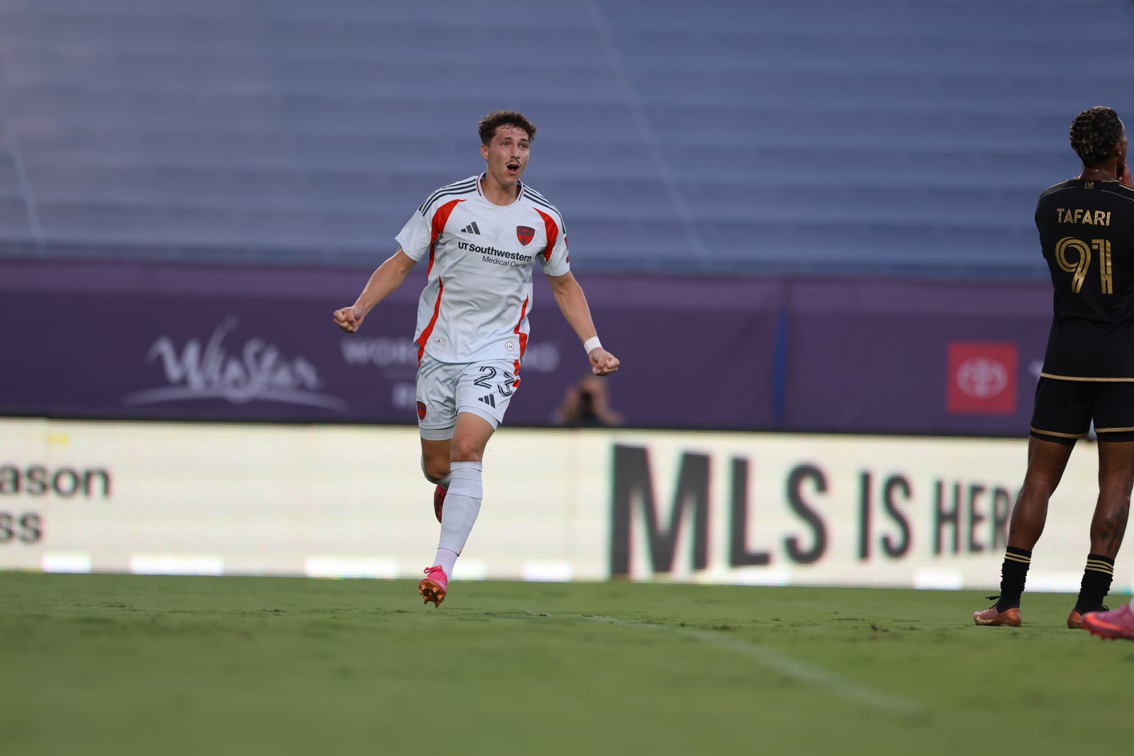 Logan Farrington reacts to scoring against LAFC. (Photo via FC Dallas)